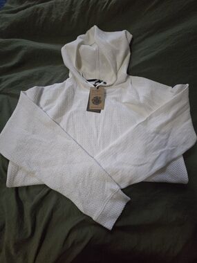 White Textured Hooded Pullover Sweatshirt